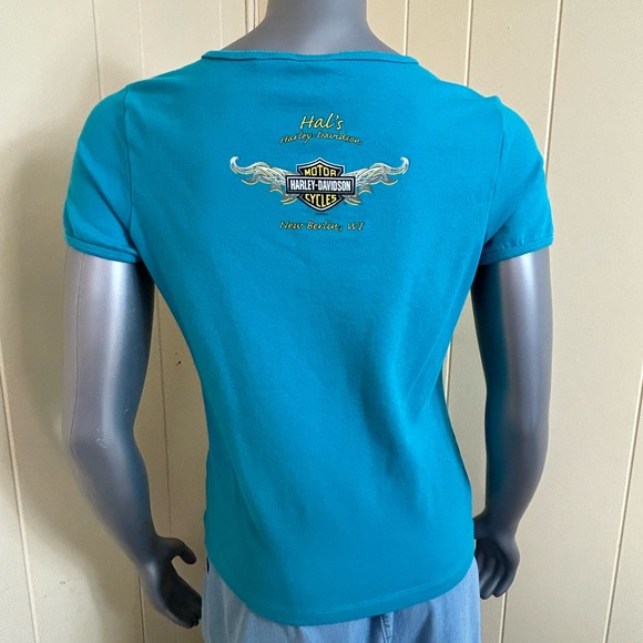 Harley Davidson Motorcycles Cap Sleeve T-Shirt Blue Womens XL Hals New Berlin WI - Picture 2 of 12
